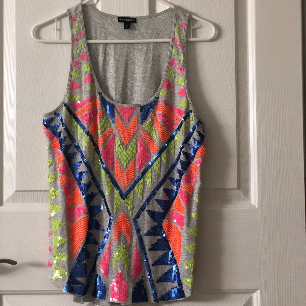 Express grey neon sequin and beaded tank